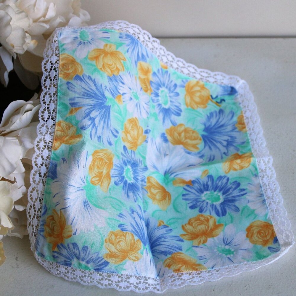 Vintage 1980s Handkerchief, Cotton Floral Print, Monogrammed JS, Blue and Yellow